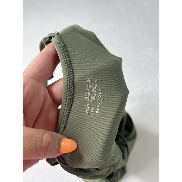 Aerie Womens Cut Out Full Coverage One Piece Olive Green Swimsuit Bathing Suit M - Picture 5 of 9